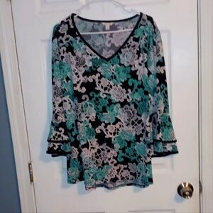 EST 1946 Turquoise Green V-Neck Top with Bell sleeves Size L